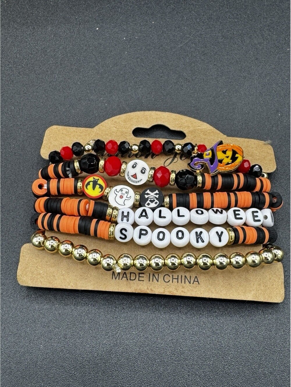 Halloween Spooky Bracelet Stack 6 Pc Orange Black Gold Pumpkin Witch Charms